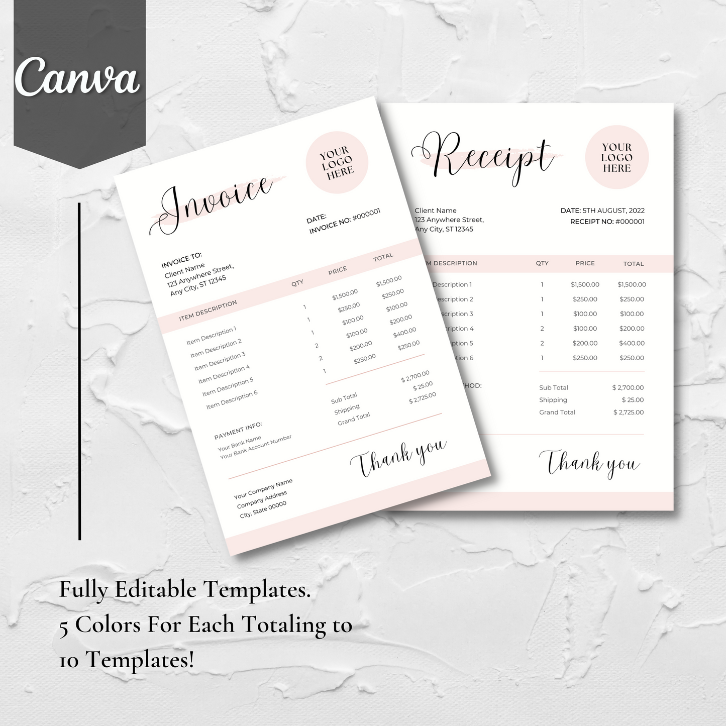 Editable Invoice & Receipt Canva Template Bundle! 5 Colors Each Totaling 10 Templates