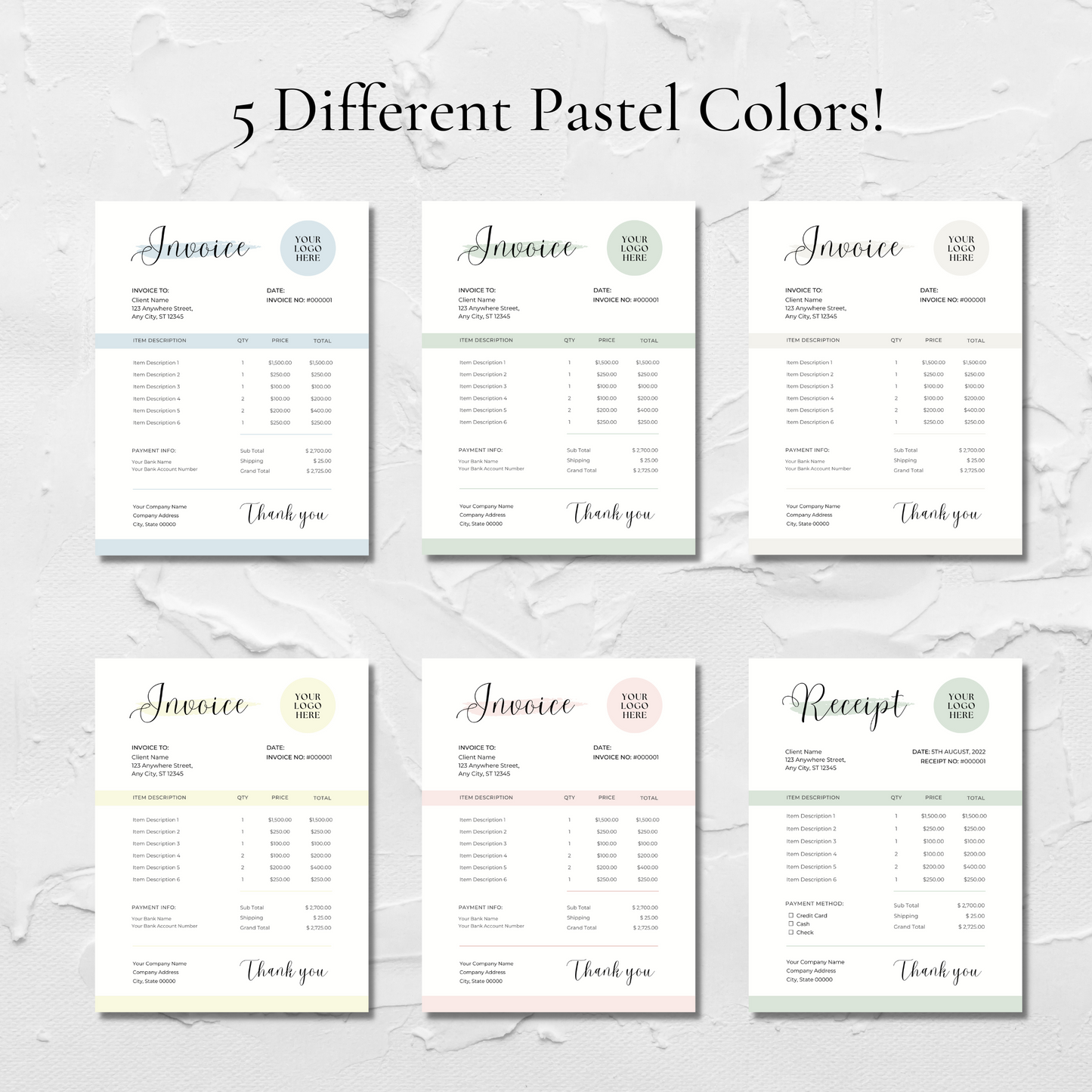 Editable Invoice & Receipt Canva Template Bundle! 5 Colors Each Totaling 10 Templates